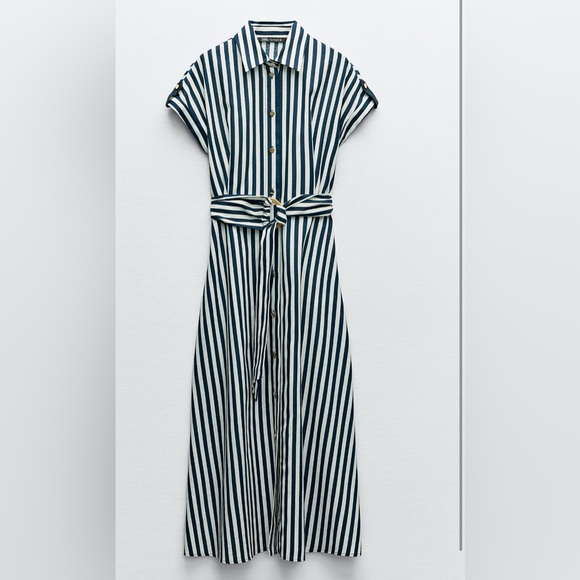 Zara Blue and White Striped Linen Blend Dress - Picture 1 of 2